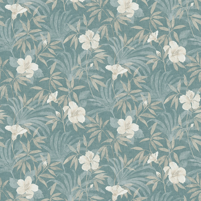 Advantage Malecon Aqua Floral Wallpaper Cuba Covers about 57.5 square feet Germany Unpasted 25.2-in repeat, half drop match 20.9-in by 33-ft long roll - My Fabric Connection -