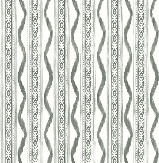 A-Street Prints Rhys Green IKAT Stripe Wallpaper Erin Gates Covers about 56.4 square feet United States Unpasted 21-in repeat, straight match 20.5-in by 33-ft long roll - My Fabric Connection -