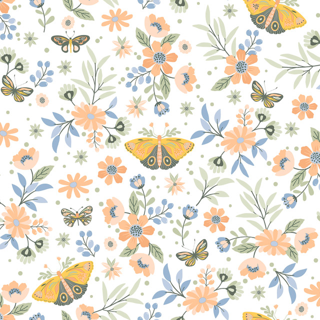 Chesapeake Zev Coral Butterfly Wallpaper Fable Covers about 57.5 square feet France Unpasted 10.4-in repeat, drop match 20.9-in by 33-ft long roll - My Fabric Connection -