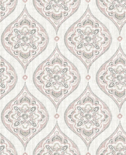 A-Street Prints Adele Rose Damask Wallpaper Folklore Covers about 56.4 square feet Great Britain Unpasted 12.6-in repeat, straight match 20.5-in by 33-ft long roll - My Fabric Connection -