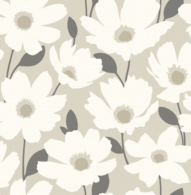 Brewster Astera Beige Floral Wallpaper Fresh Start Kitchen & Bath Covers about 56.4 square feet Great Britain Unpasted 20.9-in repeat, drop match 20.5-in by 33-ft long roll - My Fabric Connection -