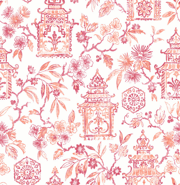 A-Street Prints Helaine Coral Pagoda Wallpaper Happy Covers about 56.4 square feet Great Britain Unpasted 20.9-in repeat, straight match 20.5-in by 33-ft long roll - My Fabric Connection - A-Street Prints Helaine Coral Pagoda Wallpaper Happy Covers about 56.4 square feet Great Britain Unpasted 20.9-in repeat, straight match 20.5-in by 33-ft long roll - My Fabric Connection -
