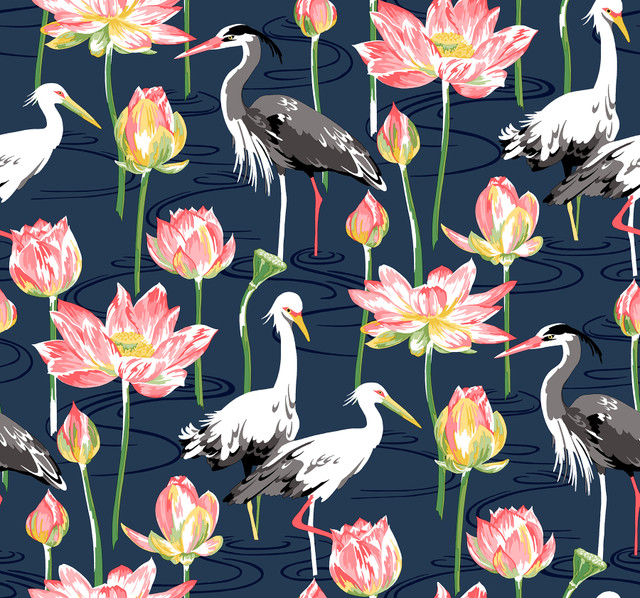 A-Street Prints Barton Navy Heron Wallpaper Happy Covers about 60.8 square feet Great Britain Unpasted 25.25-in repeat, straight match 27-in by 27-ft long roll - My Fabric Connection -