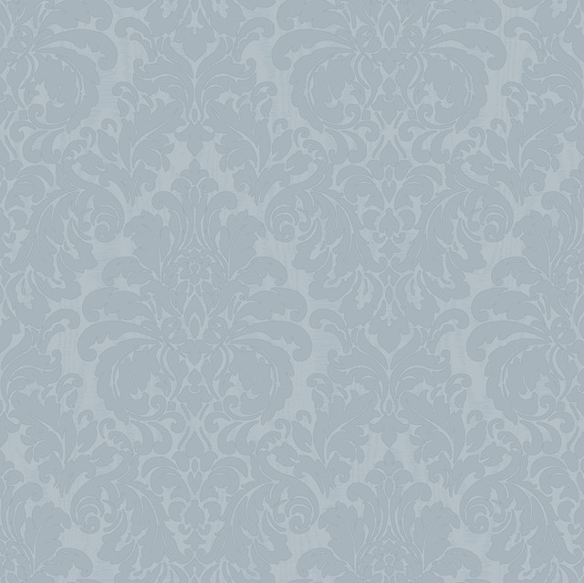 Sirpi Betina Light Blue Damask Wallpaper Italian Silk Covers about 57.5 square feet Italy Unpasted 20.9-in repeat, drop match 20.9-in by 33-ft long roll - My Fabric Connection -