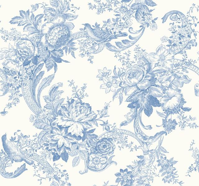 A-Street Prints Carmel Light Blue Baroque Florals Wallpaper Newport Covers about 60.8 square feet United States Unpasted 25.2-in repeat, straight match 27-in by 27-ft long roll - My Fabric Connection -