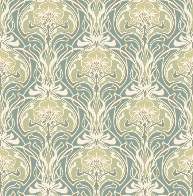 A-Street Prints Mucha Teal Botanical Ogee Wallpaper Revival Covers about 56.4 square feet Great Britain Unpasted 20.9-in repeat, straight match 20.5-in by 33-ft long roll - My Fabric Connection - A-Street Prints Mucha Teal Botanical Ogee Wallpaper Revival Covers about 56.4 square feet Great Britain Unpasted 20.9-in repeat, straight match 20.5-in by 33-ft long roll - My Fabric Connection -