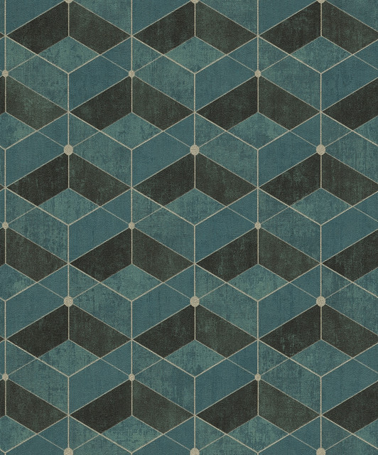 Advantage Muir Teal Geo Wallpaper Titanium Covers about 57.5 square feet Germany Unpasted 8.3-in repeat, straight match 20.9-in by 33-ft long roll - My Fabric Connection -