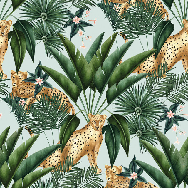 ohpopsi Augustus Aqua Jungle Cheetah Wallpaper Wild Covers about 54.2 square feet Great Britain Unpasted 19.7-in repeat, straight match 19.7-in by 33-ft long roll - My Fabric Connection -