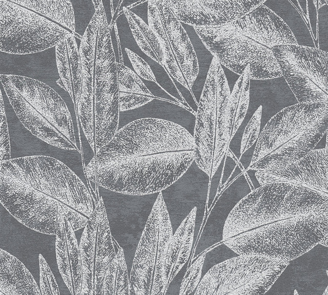 Advantage Suki Grey Leaves Wallpaper Windsong Covers about 57.5 square feet Germany Unpasted 25.2-in repeat, drop match 20.9-in by 33-ft long roll - My Fabric Connection -