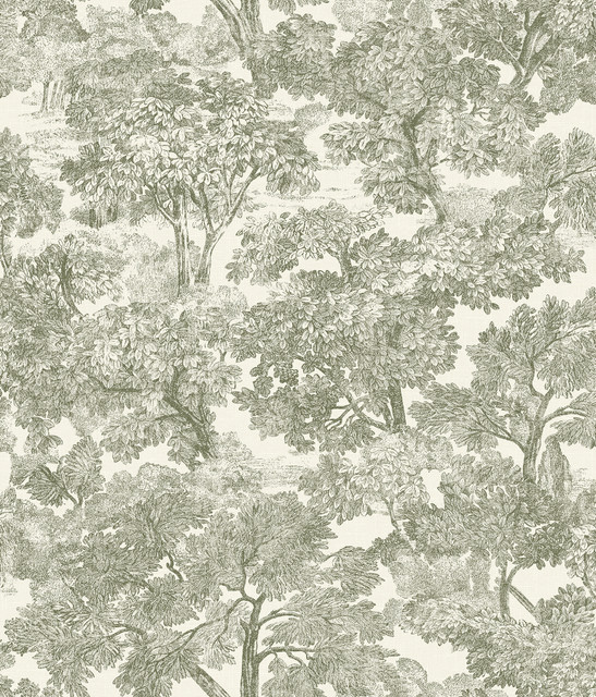 Chesapeake Spinney Green Toile Wallpaper Wildflower Covers about 56.4 square feet United States Prepasted 24-in repeat, half drop match 20.5-in by 33-ft long roll - My Fabric Connection -