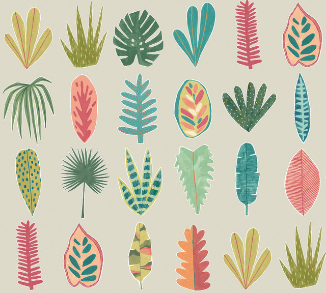 ohpopsi Leaf Boogie Neutral Tropical Mix Wallpaper Glasshouse Covers about 54.2 square feet Great Britain Unpasted 39.7-in repeat, half drop match 19.7-in by 33-ft long roll - My Fabric Connection -