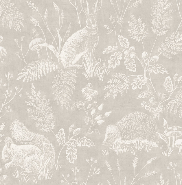 Advantage Woodland Light Grey Toile Wallpaper Westbury Forest Covers about 56.4 square feet Great Britain Unpasted 20.9-in repeat, drop match 20.5-in by 33-ft long roll - My Fabric Connection -