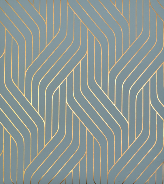 Antonina Vella Ebb & Flow Blue & Gold Wallpaper Antonina Vella Modern Metals Covers about 56.9 square feet China Unpasted 12.6-in repeat, straight match 20.8-in by 32.8-ft long roll - My Fabric Connection -