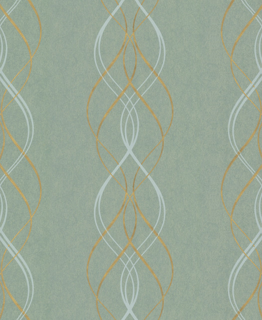 Antonina Vella Aurora Blue & Gold Wallpaper Antonina Vella Modern Metals Covers about 56.9 square feet China Unpasted 12.6-in repeat, straight match 20.8-in by 32.8-ft long roll - My Fabric Connection -