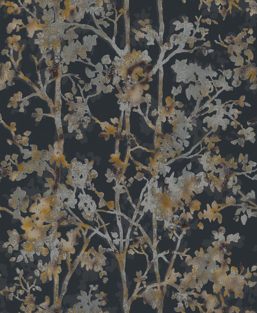 Inspired by Color Shimmering Foliage Black Wallpaper Antonina Vella Modern Metals Covers about 56.9 square feet China Unpasted 25.2-in repeat, straight match 20.8-in by 32.8-ft long roll - My Fabric Connection - Inspired by Color Shimmering Foliage Black Wallpaper Antonina Vella Modern Metals Covers about 56.9 square feet China Unpasted 25.2-in repeat, straight match 20.8-in by 32.8-ft long roll - My Fabric Connection -