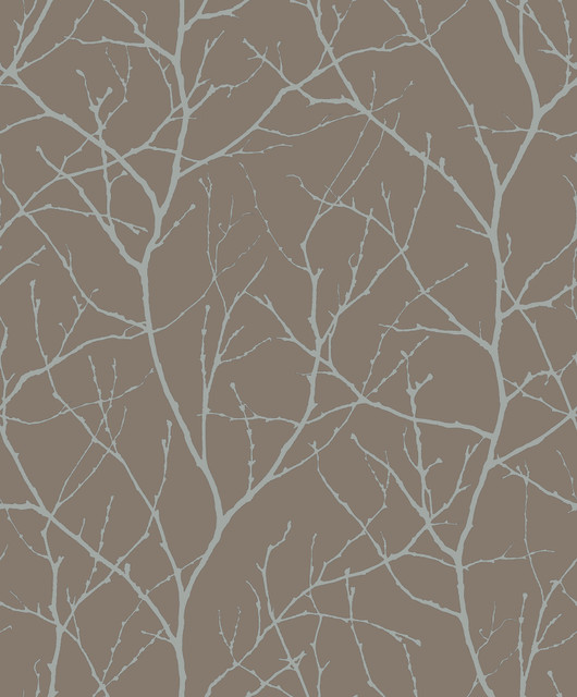 Antonina Vella Trees Silhouette Mocha & Silver Wallpaper Antonina Vella Modern Metals Second Edition Covers about 57.2 square feet China Unpasted 25.2-in repeat, straight match 20.8-in by 33-ft long roll - My Fabric Connection -
