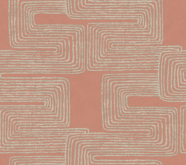 York Wallcoverings Zulu Thread Coral & Glint Wallpaper Artistic Abstracts Covers about 60.8 square feet Unpasted 24-in repeat, straight match 27-in by 27-ft long roll - My Fabric Connection -
