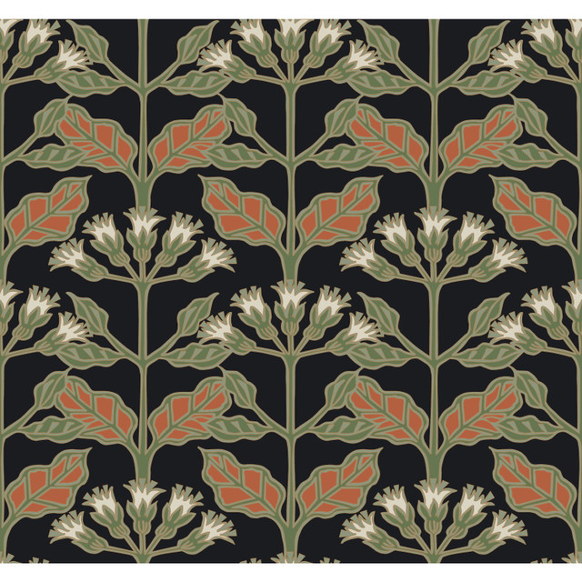 Ronald Redding Tracery Blooms Black Metallic Wallpaper Arts and Crafts Covers about 60.8 square feet Unpasted 25.25-in repeat, straight match 27-in by 27-ft long roll - My Fabric Connection -