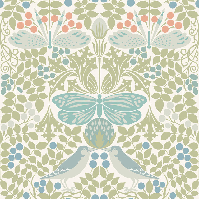 Ronald Redding Butterly Garden Green & Blue Wallpaper Arts and Crafts Covers about 56.4 square feet Unpasted 20.5-in repeat, straight match 20.5-in by 33-ft long roll - My Fabric Connection -