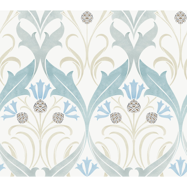 Ronald Redding Pine Cone Ribbon Teal Wallpaper Arts and Crafts Covers about 60.8 square feet Unpasted 24-in repeat, straight match 27-in by 27-ft long roll - My Fabric Connection -