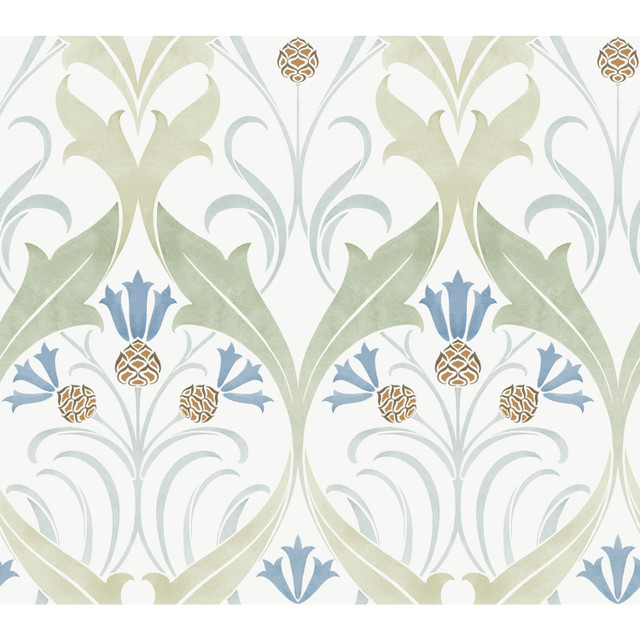 Ronald Redding Pine Cone Ribbon Green & Blue Metallic Wallpaper Arts and Crafts Covers about 60.8 square feet Unpasted 24-in repeat, straight match 27-in by 27-ft long roll - My Fabric Connection - Ronald Redding Pine Cone Ribbon Green & Blue Metallic Wallpaper Arts and Crafts Covers about 60.8 square feet Unpasted 24-in repeat, straight match 27-in by 27-ft long roll - My Fabric Connection -