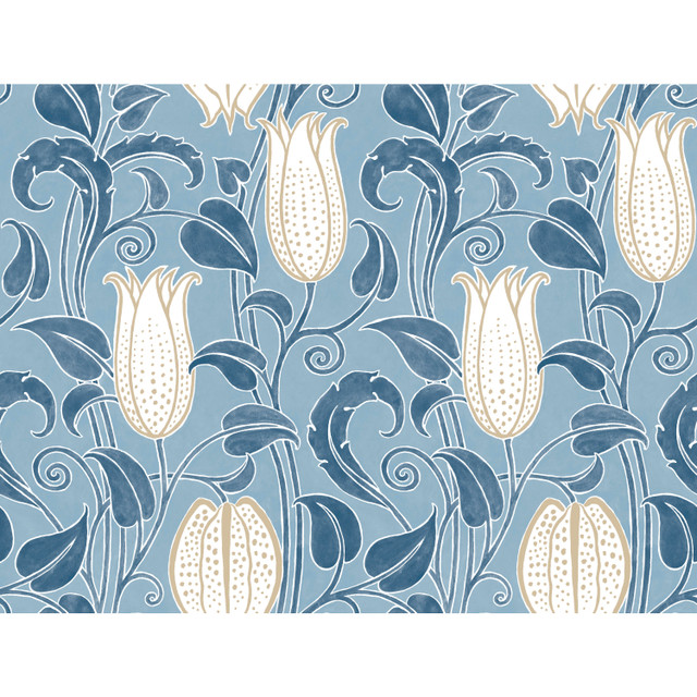 Ronald Redding Canterbury Bells Blue Wallpaper Arts and Crafts Covers about 60.8 square feet Unpasted 24-in repeat, straight match 27-in by 27-ft long roll - My Fabric Connection -