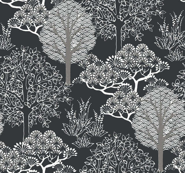 Inspired by Color Kimono Trees Black Metallic Wallpaper Black & White Resource Library Covers about 60.8 square feet Prepasted 25.25-in repeat, straight match 27-in by 27-ft long roll - My Fabric Connection -