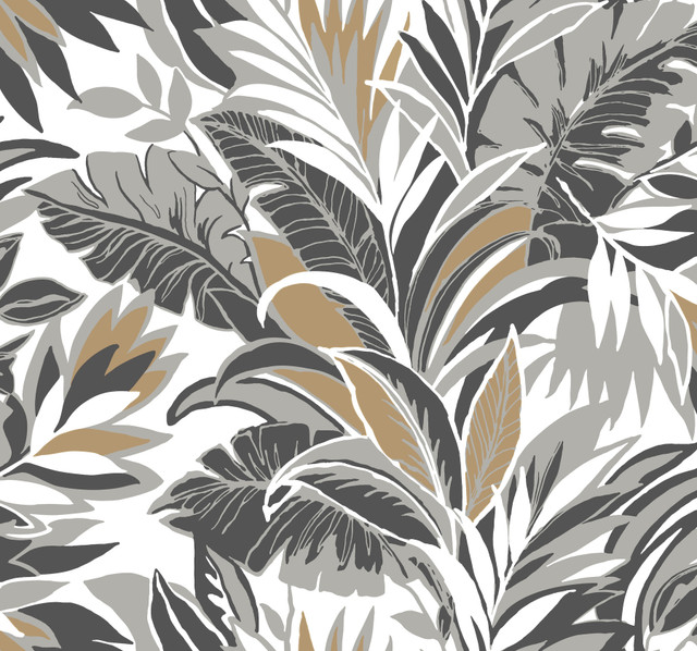 Inspired by Color Palm Silhouette Black & Gold Wallpaper Black & White, III Covers about 60.8 square feet Prepasted 25.25-in repeat, drop match 27-in by 27-ft long roll - My Fabric Connection -