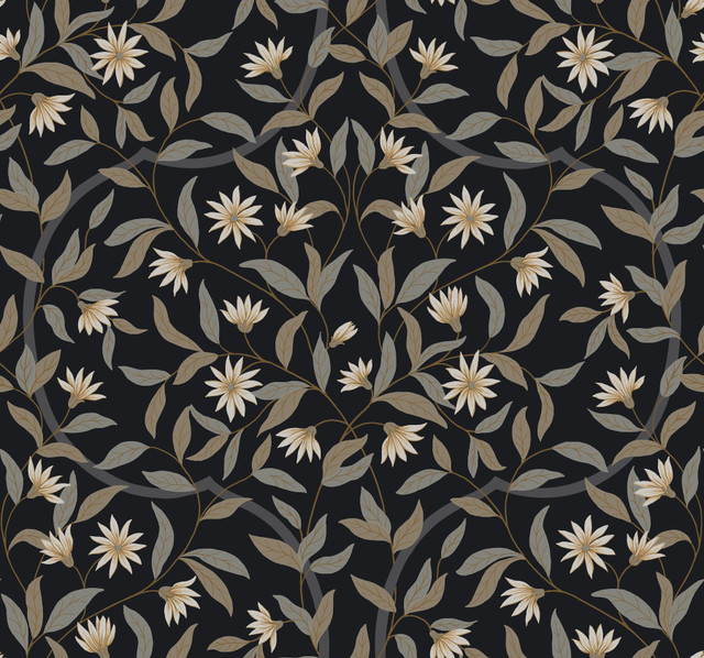 Inspired by Color Jasmine Black Metallic Wallpaper Black & White, III Covers about 60.8 square feet Prepasted 25.25-in repeat, straight match 27-in by 27-ft long roll - My Fabric Connection - Inspired by Color Jasmine Black Metallic Wallpaper Black & White, III Covers about 60.8 square feet Prepasted 25.25-in repeat, straight match 27-in by 27-ft long roll - My Fabric Connection -