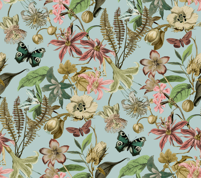 York Wallcoverings Butterfly House Sky Blue Wallpaper Blooms Covers about 60.8 square feet Unpasted 24-in repeat, straight match 27-in by 27-ft long roll - My Fabric Connection - York Wallcoverings Butterfly House Sky Blue Wallpaper Blooms Covers about 60.8 square feet Unpasted 24-in repeat, straight match 27-in by 27-ft long roll - My Fabric Connection -