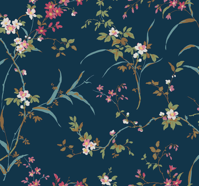 York Wallcoverings Blossom Branches Navy Wallpaper Blooms Covers about 60.8 square feet Unpasted 25.25-in repeat, drop match 27-in by 27-ft long roll - My Fabric Connection -