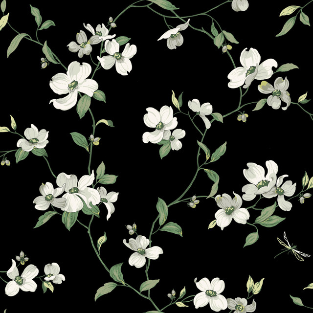 York Wallcoverings Dogwood Black Wallpaper Blooms Covers about 56.4 square feet Unpasted 10.25-in repeat, drop match 20.5-in by 33-ft long roll - My Fabric Connection -