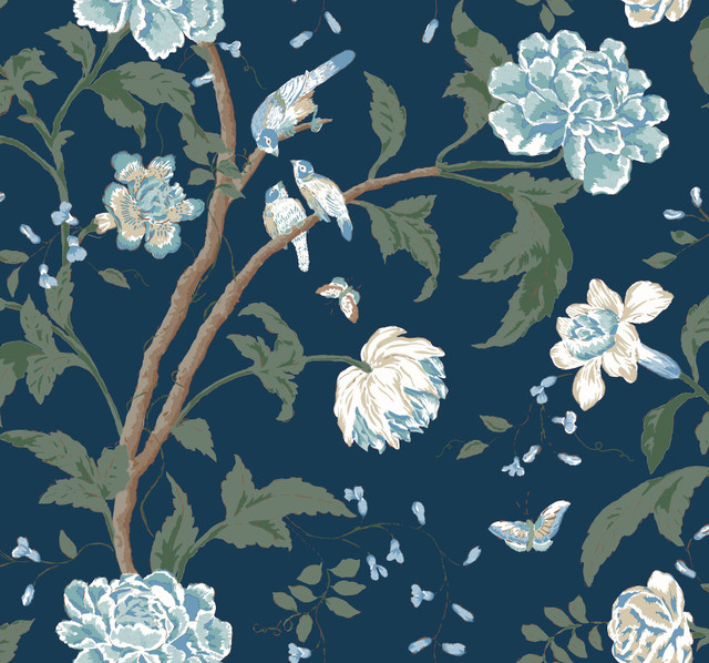 York Wallcoverings Teahouse Floral Navy Wallpaper Blooms Covers about 60.8 square feet Unpasted 25.25-in repeat, drop match 27-in by 27-ft long roll - My Fabric Connection -