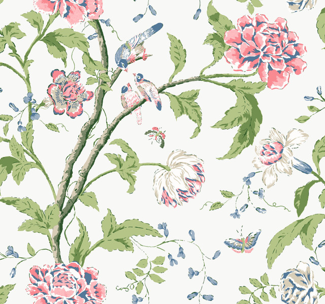 York Wallcoverings Teahouse Floral White & Blush Wallpaper Blooms Covers about 60.8 square feet Unpasted 25.25-in repeat, drop match 27-in by 27-ft long roll - My Fabric Connection -