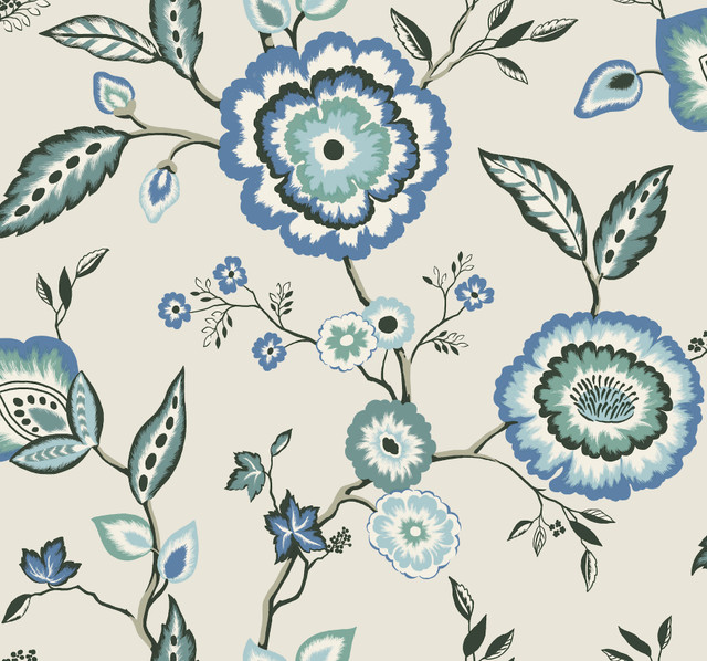 Inspired by Color Dahlia Blooms Blue & White Wallpaper Blues II Covers about 60.8 square feet Prepasted 25.25-in repeat, drop match 27-in by 27-ft long roll - My Fabric Connection - Inspired by Color Dahlia Blooms Blue & White Wallpaper Blues II Covers about 60.8 square feet Prepasted 25.25-in repeat, drop match 27-in by 27-ft long roll - My Fabric Connection -