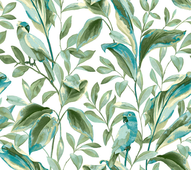 Inspired by Color Tropical Love Birds White & Aqua Wallpaper Blues II Covers about 60.8 square feet Prepasted 24-in repeat, straight match 27-in by 27-ft long roll - My Fabric Connection -