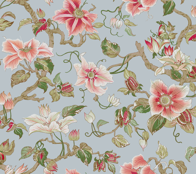 Ronald Redding Marguerite Vine Blue Wallpaper Classics Covers about 60.8 square feet Unpasted 24-in repeat, drop match 27-in by 27-ft long roll - My Fabric Connection -