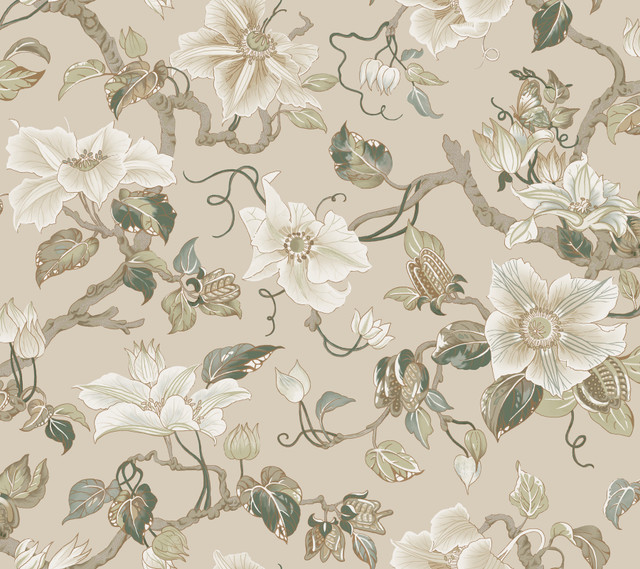 Ronald Redding Marguerite Vine Taupe Wallpaper Classics Covers about 60.8 square feet Unpasted 24-in repeat, drop match 27-in by 27-ft long roll - My Fabric Connection -