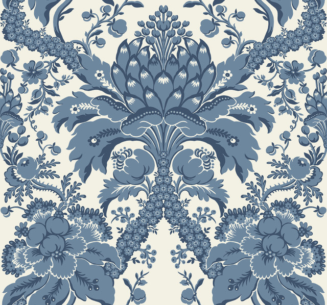 York Wallcoverings French Artichoke Dam Blue Wallpaper Damask Resource Library Covers about 60.8 square feet Prepasted 25.25-in repeat, straight match 27-in by 27-ft long roll - My Fabric Connection - York Wallcoverings French Artichoke Dam Blue Wallpaper Damask Resource Library Covers about 60.8 square feet Prepasted 25.25-in repeat, straight match 27-in by 27-ft long roll - My Fabric Connection -