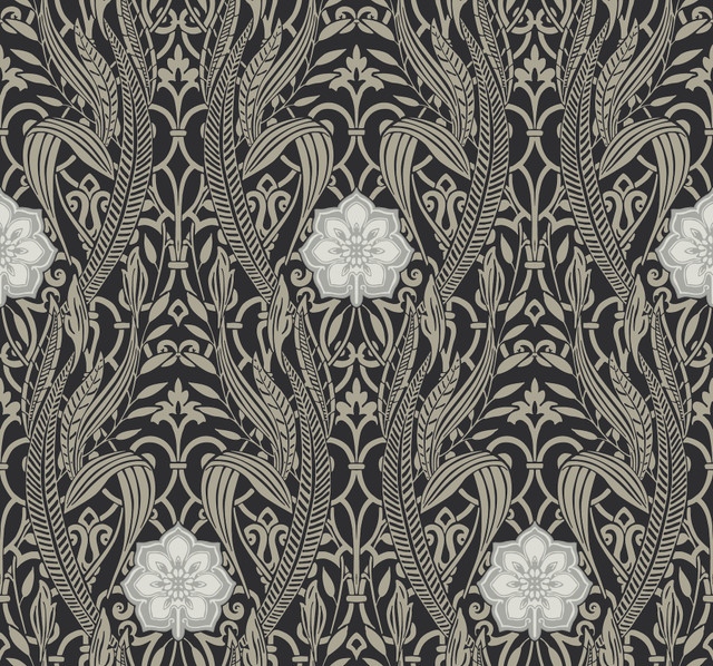 York Wallcoverings Gatsby Damask Black Wallpaper Damask Resource Library Covers about 60.8 square feet Prepasted 25.25-in repeat, straight match 27-in by 27-ft long roll - My Fabric Connection - York Wallcoverings Gatsby Damask Black Wallpaper Damask Resource Library Covers about 60.8 square feet Prepasted 25.25-in repeat, straight match 27-in by 27-ft long roll - My Fabric Connection -