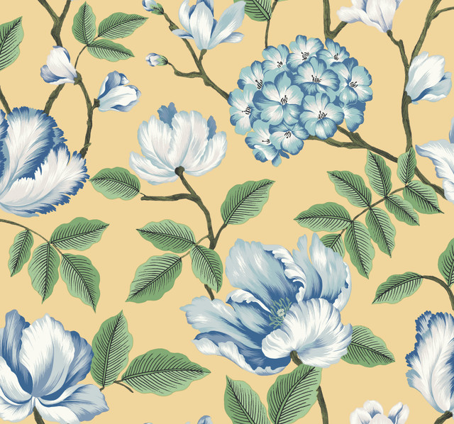 York Wallcoverings Morning Garden Yellow Wallpaper Grandmillennial Covers about 60.8 square feet Prepasted 25.25-in repeat, drop match 27-in by 27-ft long roll - My Fabric Connection - York Wallcoverings Morning Garden Yellow Wallpaper Grandmillennial Covers about 60.8 square feet Prepasted 25.25-in repeat, drop match 27-in by 27-ft long roll - My Fabric Connection -