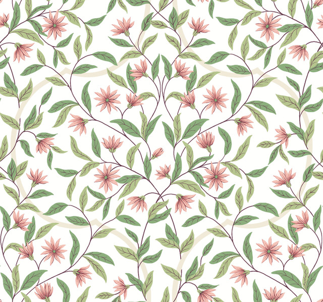 York Wallcoverings Jasmine Coral Wallpaper Greenhouse Covers about 60.8 square feet Prepasted 25.25-in repeat, straight match 27-in by 27-ft long roll - My Fabric Connection - York Wallcoverings Jasmine Coral Wallpaper Greenhouse Covers about 60.8 square feet Prepasted 25.25-in repeat, straight match 27-in by 27-ft long roll - My Fabric Connection -