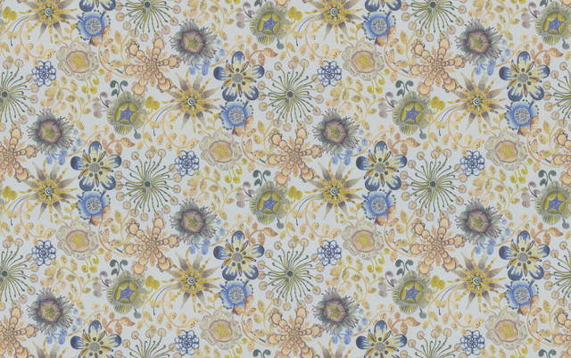 Missoni Magic Garden Blue & Green Wallpaper Missoni 4 Covers about 108.1 square feet Unpasted 12.5-in repeat, straight match 39.3-in by 33-ft long roll - My Fabric Connection -