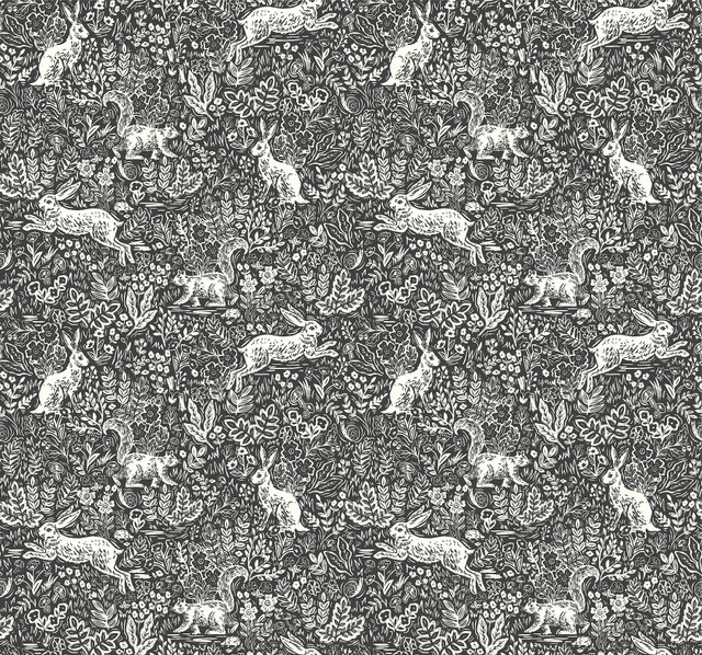 Rifle Paper Co. Fable Black & White Wallpaper Rifle Paper Co. Covers about 60.8 square feet Unpasted 25.25-in repeat, straight match 27-in by 27-ft long roll - My Fabric Connection -