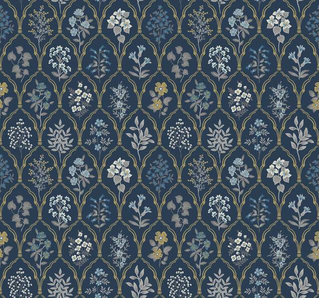 Rifle Paper Co. Hawthorne Navy & Gold Wallpaper Rifle Paper Co. Covers about 60.8 square feet Unpasted 25.25-in repeat, straight match 27-in by 27-ft long roll - My Fabric Connection - Rifle Paper Co. Hawthorne Navy & Gold Wallpaper Rifle Paper Co. Covers about 60.8 square feet Unpasted 25.25-in repeat, straight match 27-in by 27-ft long roll - My Fabric Connection -