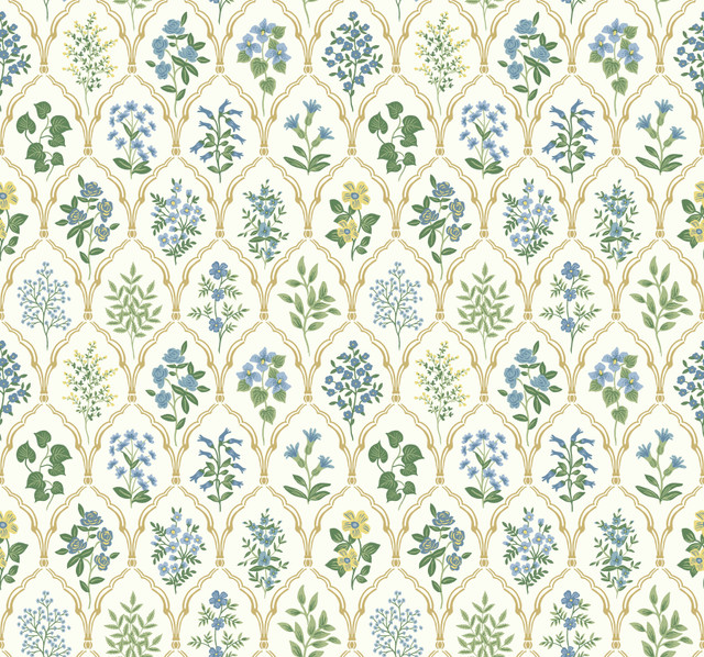 Rifle Paper Co. Hawthorne Blue & Green Wallpaper Rifle Paper Co. Covers about 60.8 square feet Unpasted 25.25-in repeat, straight match 27-in by 27-ft long roll - My Fabric Connection -