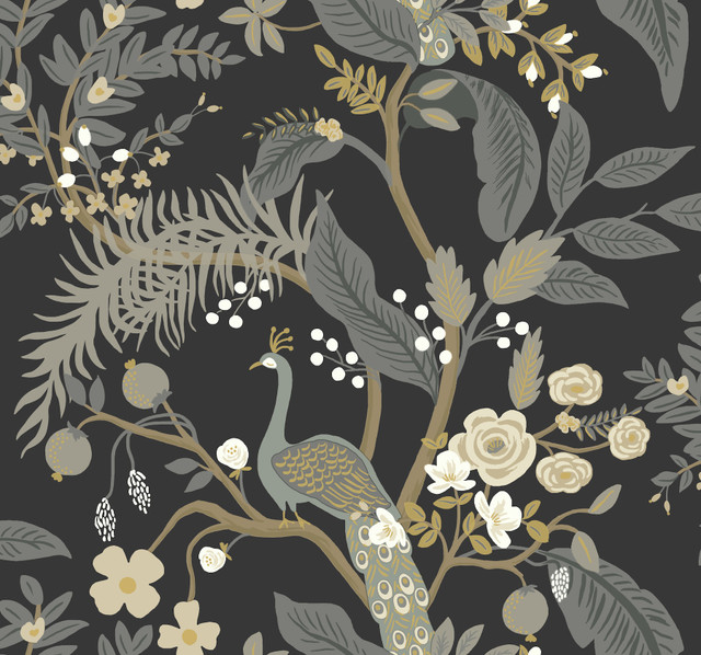 Rifle Paper Co. Peacock Black Wallpaper Rifle Paper Co. Covers about 60.8 square feet Unpasted 25.25-in repeat, drop match 27-in by 27-ft long roll - My Fabric Connection -