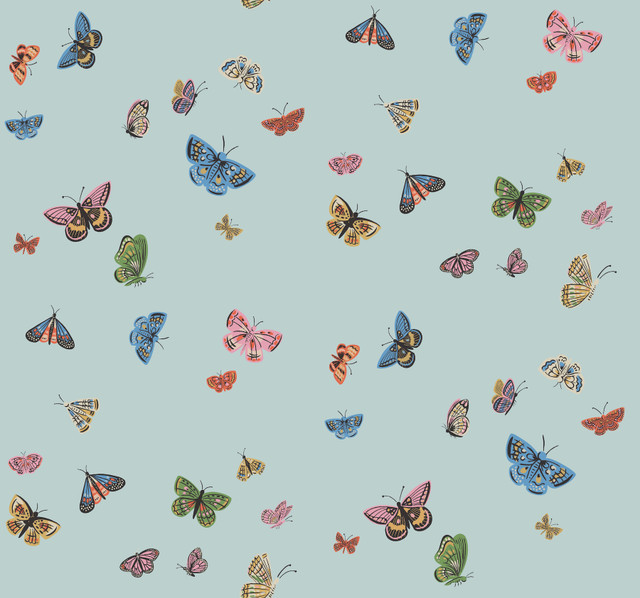 Rifle Paper Co. Butterfly House Light Blue Wallpaper Rifle Paper Co. 3rd Edition Covers about 60.8 square feet Unpasted 25.25-in repeat, straight match 27-in by 27-ft long roll - My Fabric Connection -