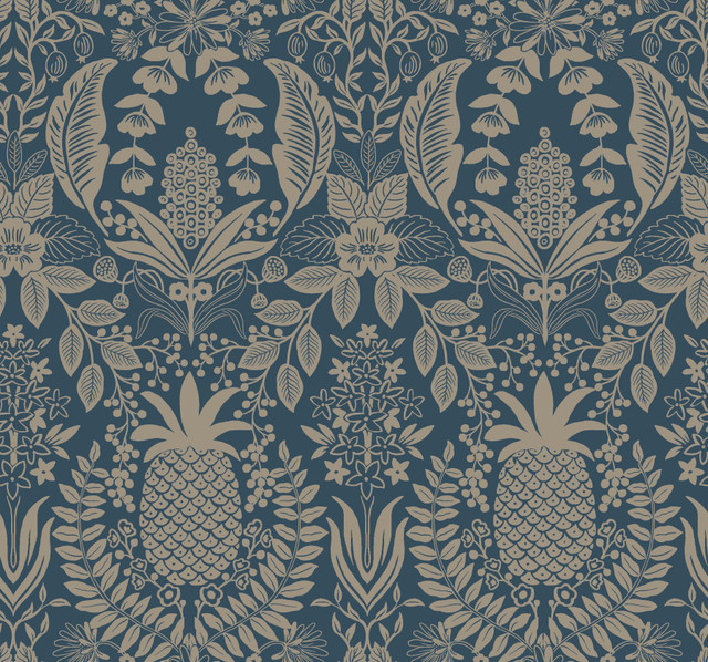Rifle Paper Co. Pineapple Damask Navy Wallpaper Rifle Paper Co. 3rd Edition Covers about 60.8 square feet Unpasted 25.25-in repeat, straight match 27-in by 27-ft long roll - My Fabric Connection -