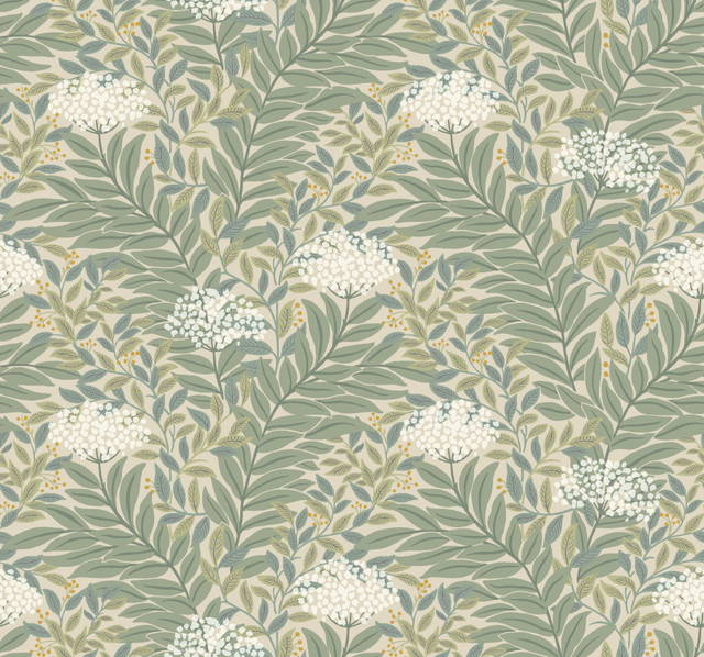 Rifle Paper Co. Highgrove Linen Wallpaper Rifle Paper Co. 3rd Edition Covers about 60.8 square feet Unpasted 12.625-in repeat, straight match 27-in by 27-ft long roll - My Fabric Connection -
